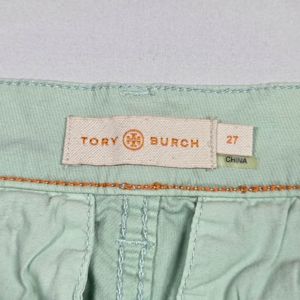 Tory Burch Mint Green Chino Shorts Women Size 27 Roll Up Button Tab Cotton Twill